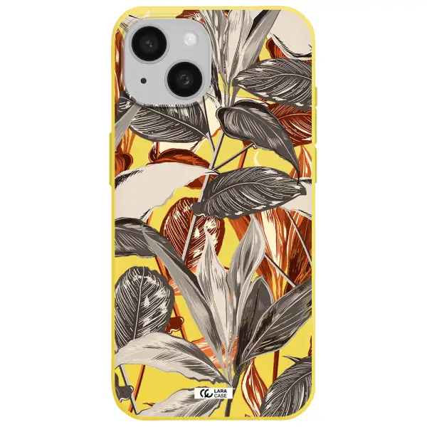 Brown Tropical Leaves Apple iPhone 15 Silicone canary yellow Case