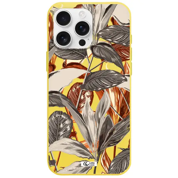 Brown Tropical Leaves Apple Iphone 16 Pro Max Silicone Canary Yellow Case
