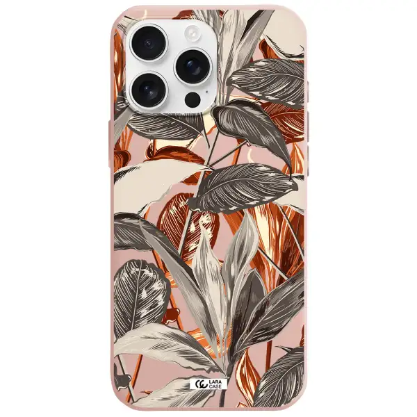 Brown Tropical Leaves Apple Iphone 16 Pro Max Silicone Pastel Pink Case