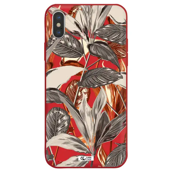 Brown Tropical Leaves Apple iPhone X Silicone Imperial Red Case