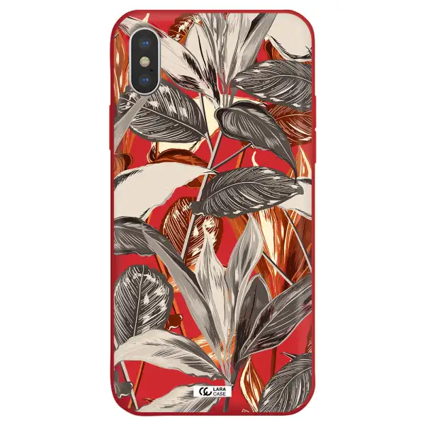 Brown Tropical Leaves Apple iPhone XS Silicone Imperial Red Case