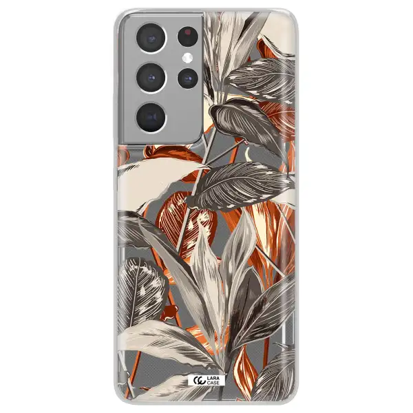 Brown Tropical Leaves Samsung S21 Ultra Clear TPU Case
