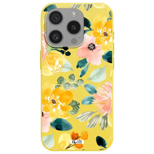 Watercolor Flowers Apple Iphone 15 Pro Silicone Canary Yellow Case