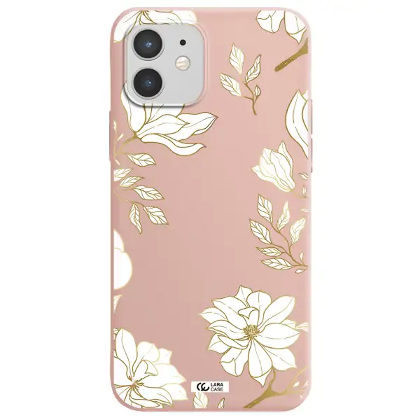 Golden And White Flower Apple iPhone 12 Silicone pastel pink Case