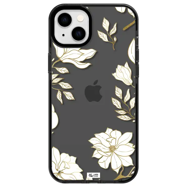 Golden And White Flower Apple iPhone 14 plus impact Smoke Black Case