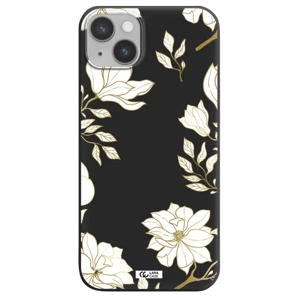 Golden And White Flower Apple iPhone 14 plus Silicone black Case