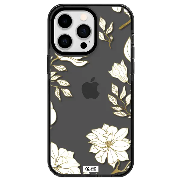 Golden And White Flower Apple iPhone 14 pro max impact Smoke Black Case