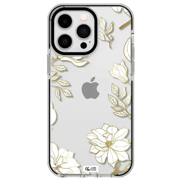 Golden And White Flower Apple iPhone 15 Pro Max impact black border Case