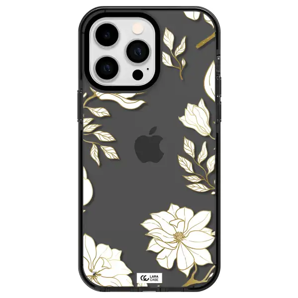 Golden And White Flower Apple iPhone 15 Pro Max impact Smoke Black Case