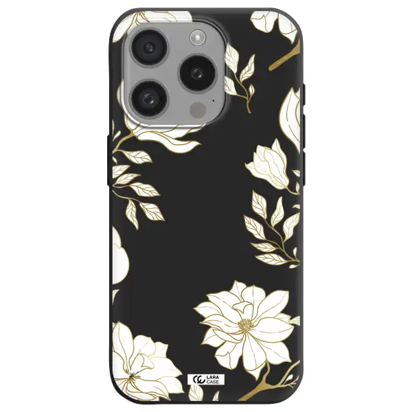 Golden And White Flower Apple Iphone 15 Pro Silicone Black Case