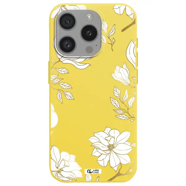 Golden And White Flower Apple Iphone 15 Pro Silicone Canary Yellow Case
