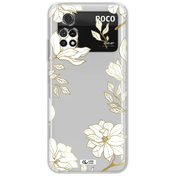 Golden And White Flower Xiaomi Poco M4 Pro 4G Clear Tpu Case