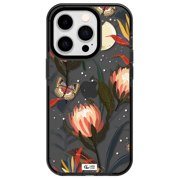 Moon Butterfly Flower Apple iPhone 14 pro impact Smoke Black Case