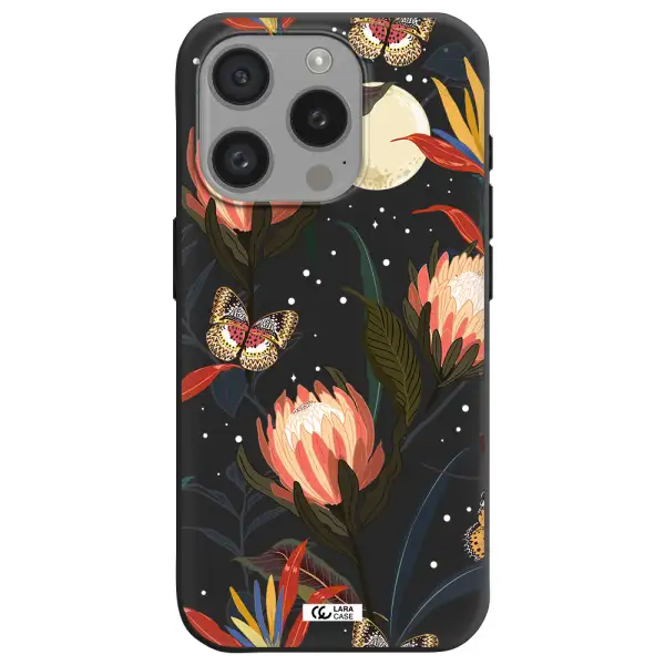 Moon Butterfly Flower Apple Iphone 15 Pro Silicone Black Case