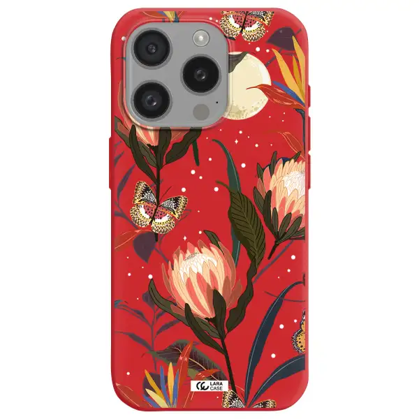 Moon Butterfly Flower Apple Iphone 15 Pro Silicone Imperial Red Case