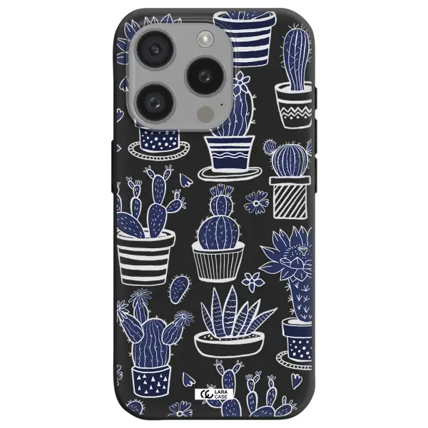 Blue Cactus Apple Iphone 15 Pro Silicone Black Case