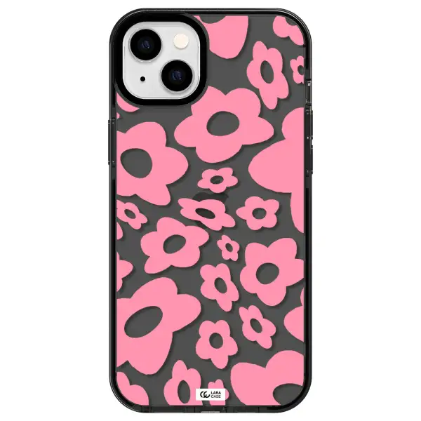 Five Petal Pink Flower Apple iPhone 14 plus impact Smoke Black Case