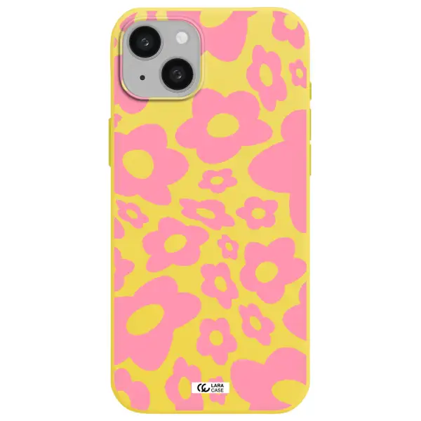 Five Petal Pink Flower Apple iphone 15 plus Silicone canary yellow Case