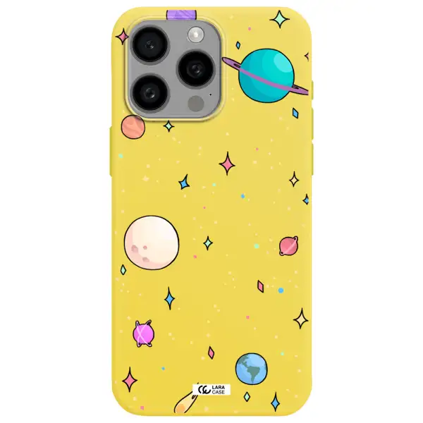 Solar System Print Apple Iphone 15 Pro max Silicone canary yellow Case
