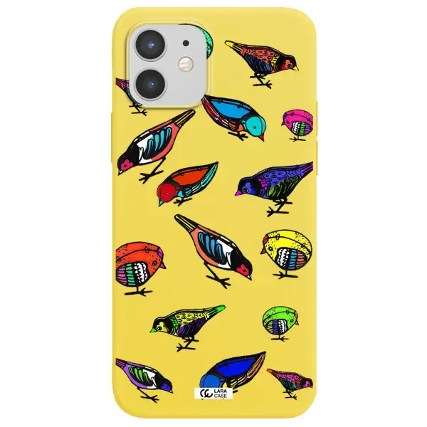 Colorful Birds Drawing Apple iPhone 12 mini Silicone canary yellow Case