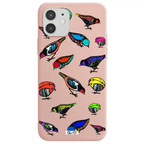 Colorful Birds Drawing Apple iPhone 12 mini Silicone pastel pink Case