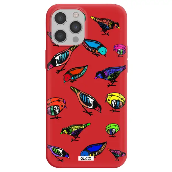 Colorful Birds Drawing Apple iPhone 12 pro Silicone Imperial Red Case