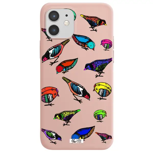 Colorful Birds Drawing Apple iPhone 12 Silicone pastel pink Case