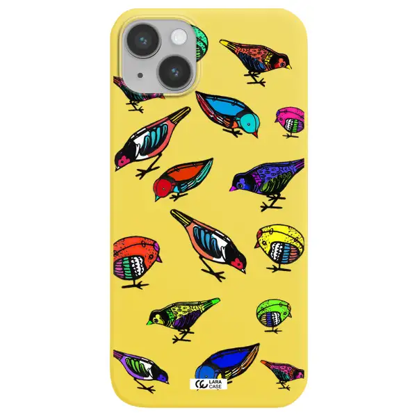 Colorful Birds Drawing Apple iPhone 14 plus Silicone canary yellow Case