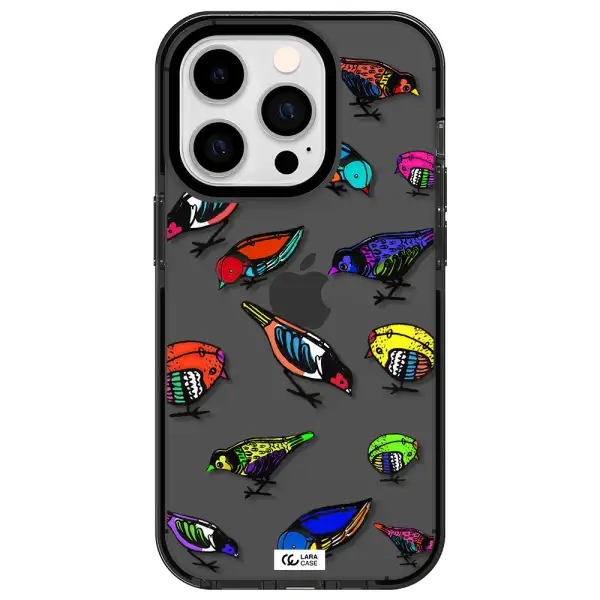 Colorful Birds Drawing Apple iPhone 14 pro impact Smoke Black Case