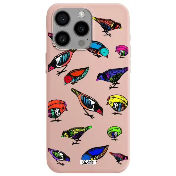 Colorful Birds Drawing Apple Iphone 15 Pro max Silicone pastel pink Case