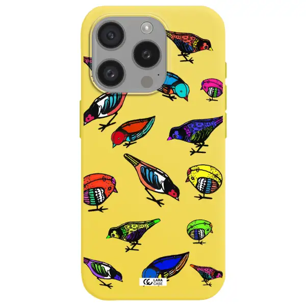 Colorful Birds Drawing Apple Iphone 15 Pro Silicone Canary Yellow Case