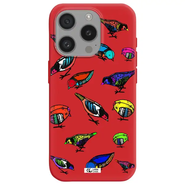 Colorful Birds Drawing Apple Iphone 15 Pro Silicone Imperial Red Case