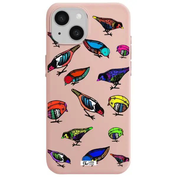 Colorful Birds Drawing Apple Iphone 15 Silicone Pastel Pink Case