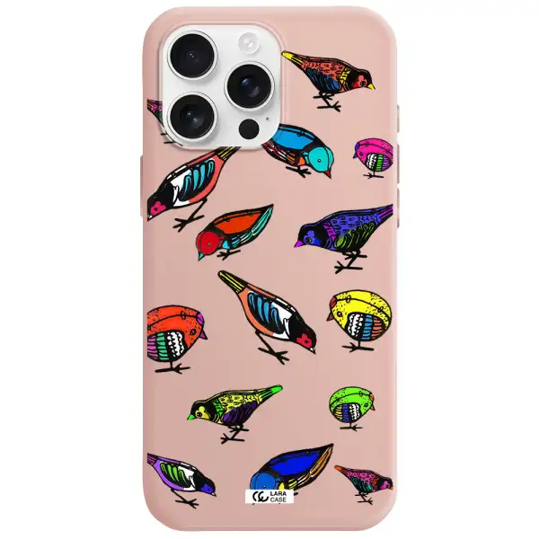 Colorful Birds Drawing Apple Iphone 16 Pro Max Silicone Pastel Pink Case