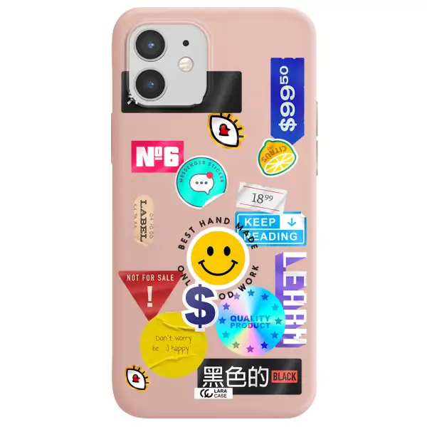 Happy Stıckers Apple iPhone 12 Silicone pastel pink Case