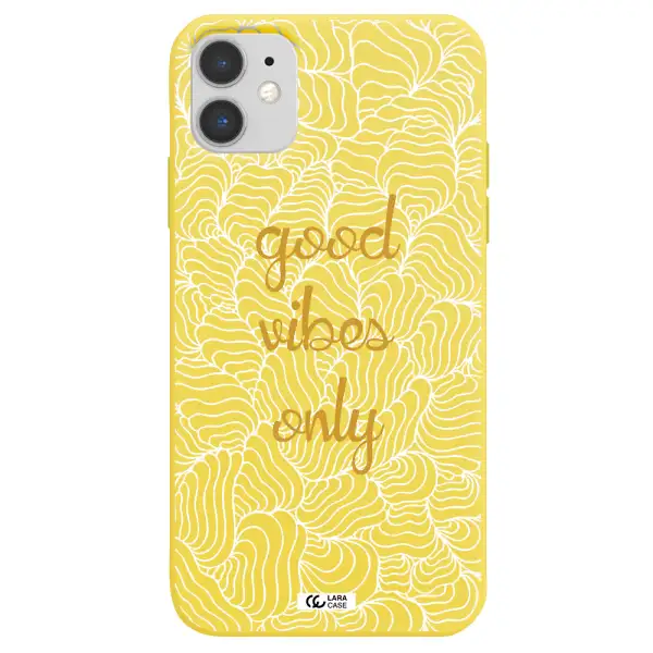 a white background with gold text Apple iPhone 11 Silicone canary yellow Case
