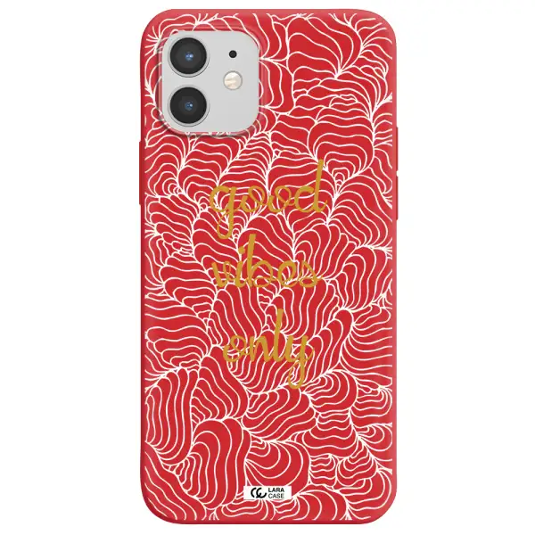 a white background with gold text Apple iPhone 12 Silicone Imperial Red Case