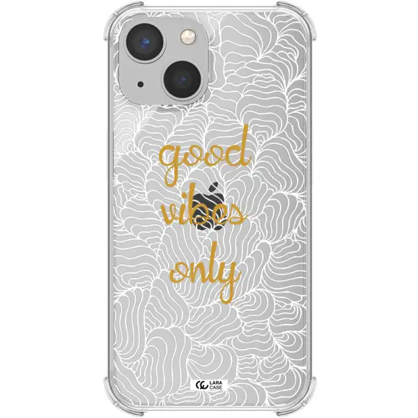 a white background with gold text Apple iPhone 13 Clear PC Case