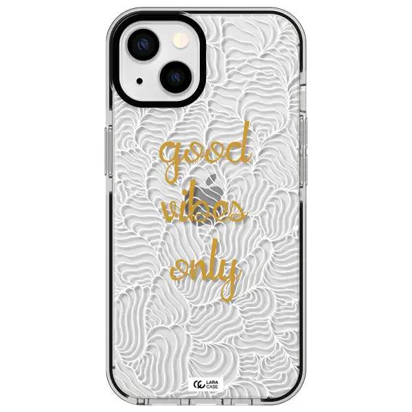 a white background with gold text Apple iPhone 13 impact black border Case