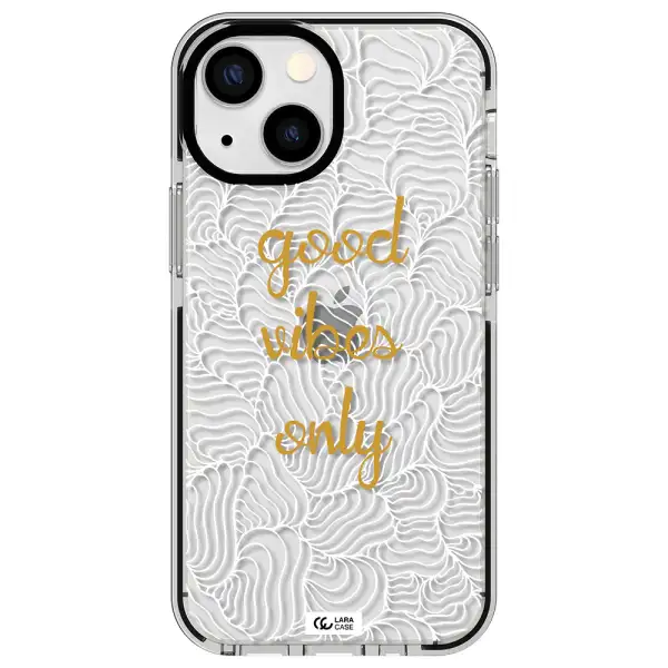 a white background with gold text Apple iPhone 13 mini impact black border Case