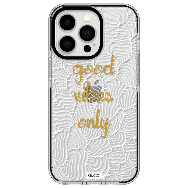 a white background with gold text Apple iPhone 13 Pro impact black border Case