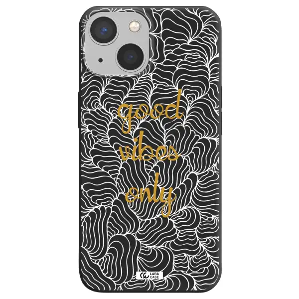 a white background with gold text Apple iPhone 13 Silicone black Case