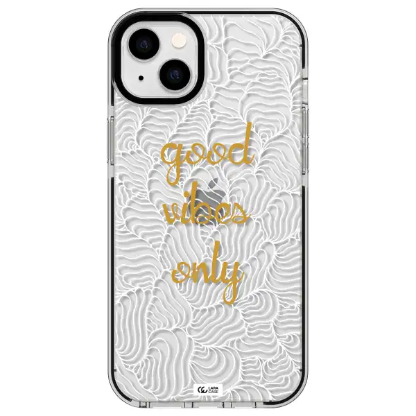 a white background with gold text Apple iPhone 14 plus impact black border Case