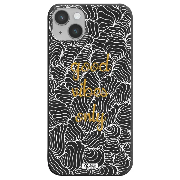 a white background with gold text Apple iPhone 14 plus Silicone black Case