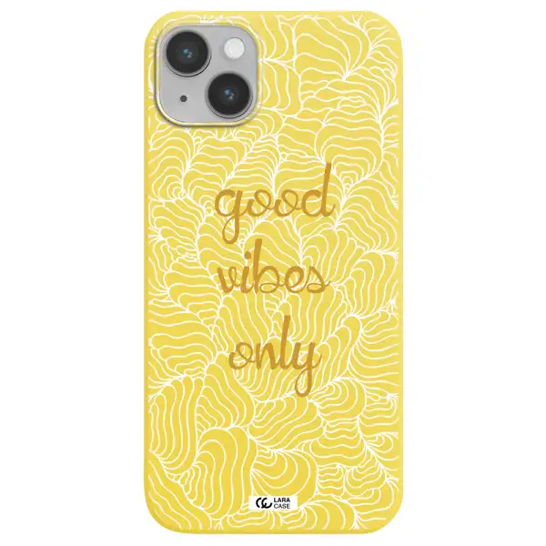 a white background with gold text Apple iPhone 14 plus Silicone canary yellow Case