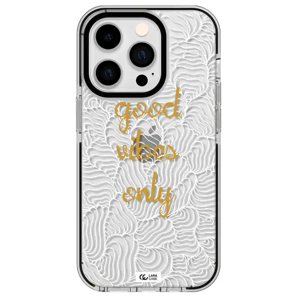 a white background with gold text Apple iPhone 14 pro impact black border Case