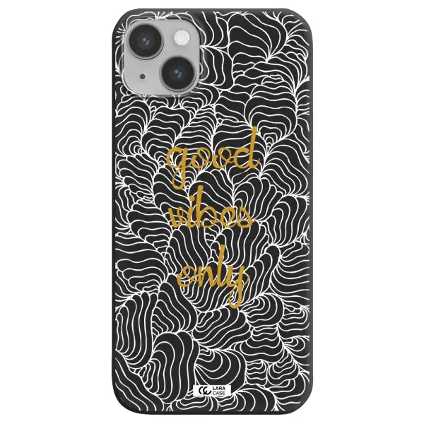 a white background with gold text Apple iPhone 14 Silicone black Case