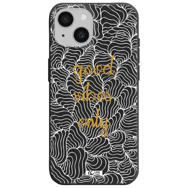 a white background with gold text Apple iPhone 15 Silicone black Case