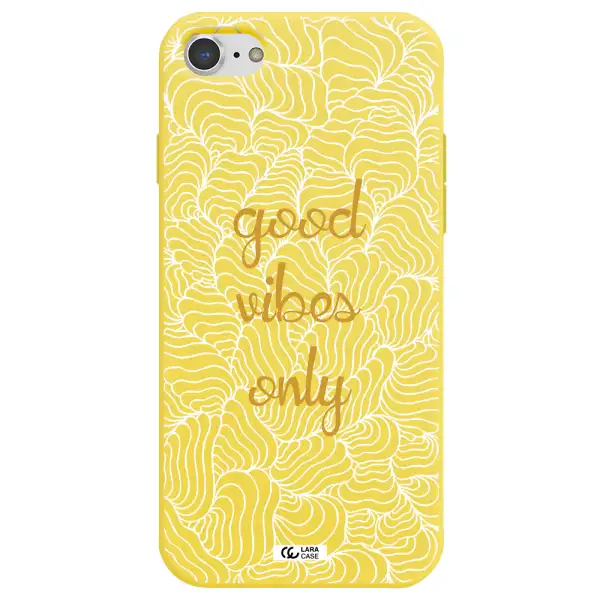 a white background with gold text Apple iPhone 7 Silicone canary yellow Case