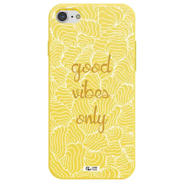 a white background with gold text Apple iPhone 8 Silicone canary yellow Case